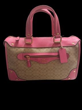 Coach Khaki Signature Satchel with Pink Trim